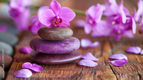Stacked stones and vibrant orchid petals on a rustic wooden surface  capturing the essence of a peaceful spa and the tender beauty of nature.
