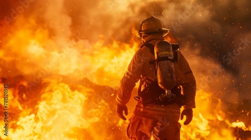A firefighter heroically standing amidst a sea of flames