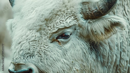 Close up of majestic white bull with massive horns