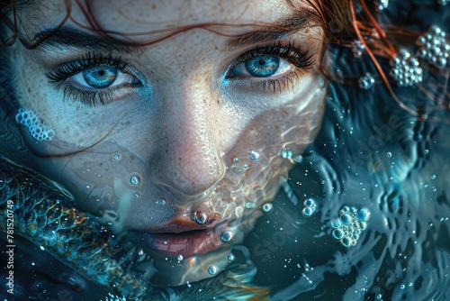 Mermaid Looks from Water, Young Girl Beautiful Face, Big Eyes Underwater, Mermaid Portrait Closeup