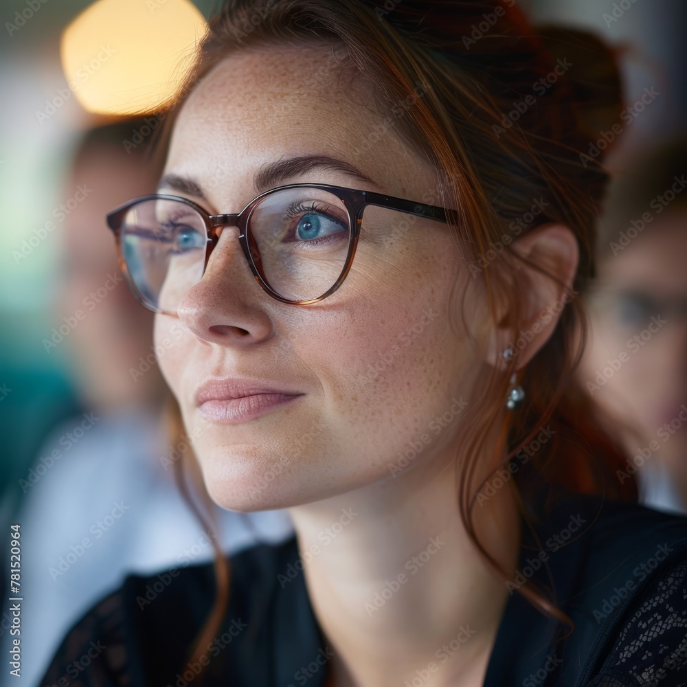 close-up portrait, a woman wearing glasses engages in conversation with her team during a meeting in an office setting
close-up portrait, a woman wearing glasses engages in conversation with her team during a meeting in an office setting