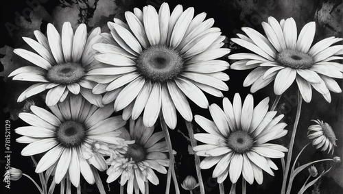 Surrealist mixed-media collage of Black and white daisies, with surreal elements and textured layers, using various materials.