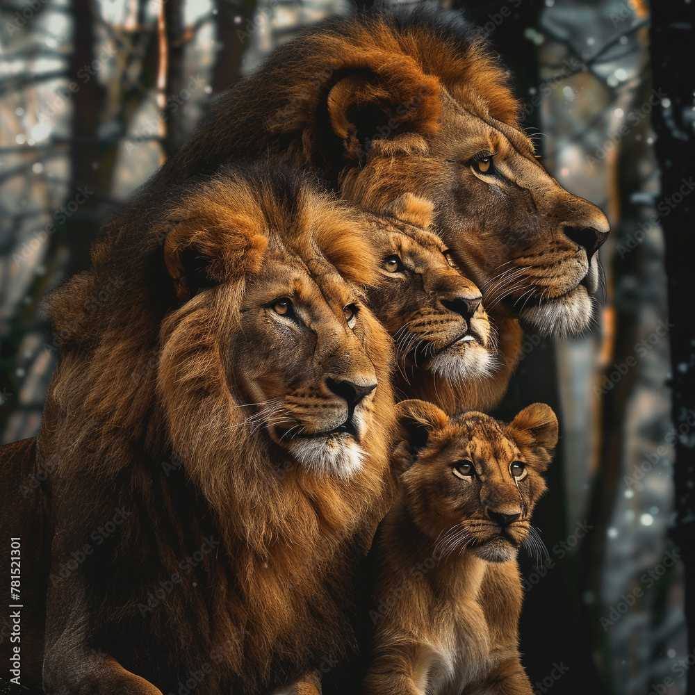 A family of lions in the jungle. Image made by artificial intelligence. A family of lions in the jungle. Image made by artificial intelligence.
