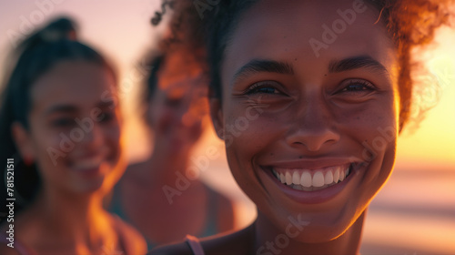 a group of friends participating in a laughter yoga session at a beach sunset, blending joy, exercise, and the beauty of nature for a unique wellness experience.  © kian