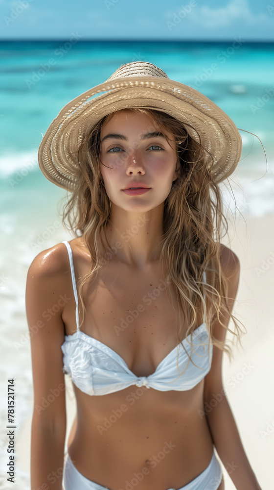 Attractive blonde woman wearing hat and white bikini on tropical beach