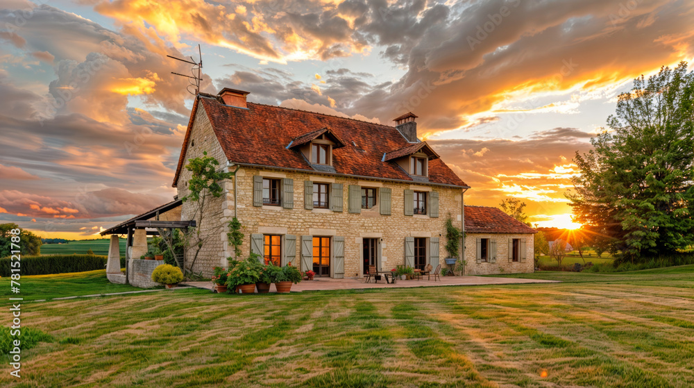 Belle et grande maison individuelle à la façade en pierre à la lumière