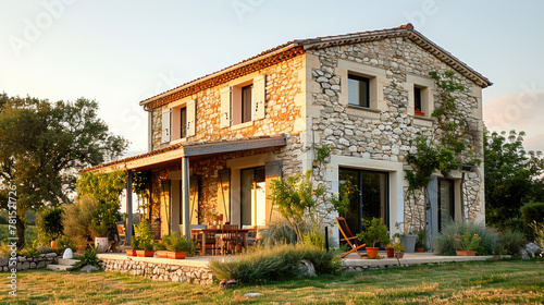 Belle et grande maison individuelle à la façade en pierre à la lumière du soir 