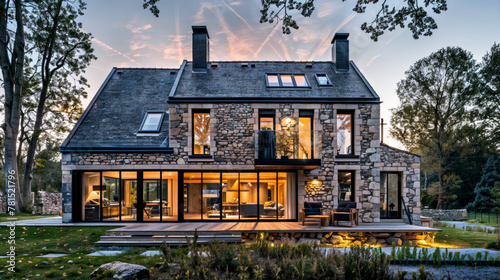 Belle et grande maison individuelle à la façade en pierre à la lumière du soir  photo