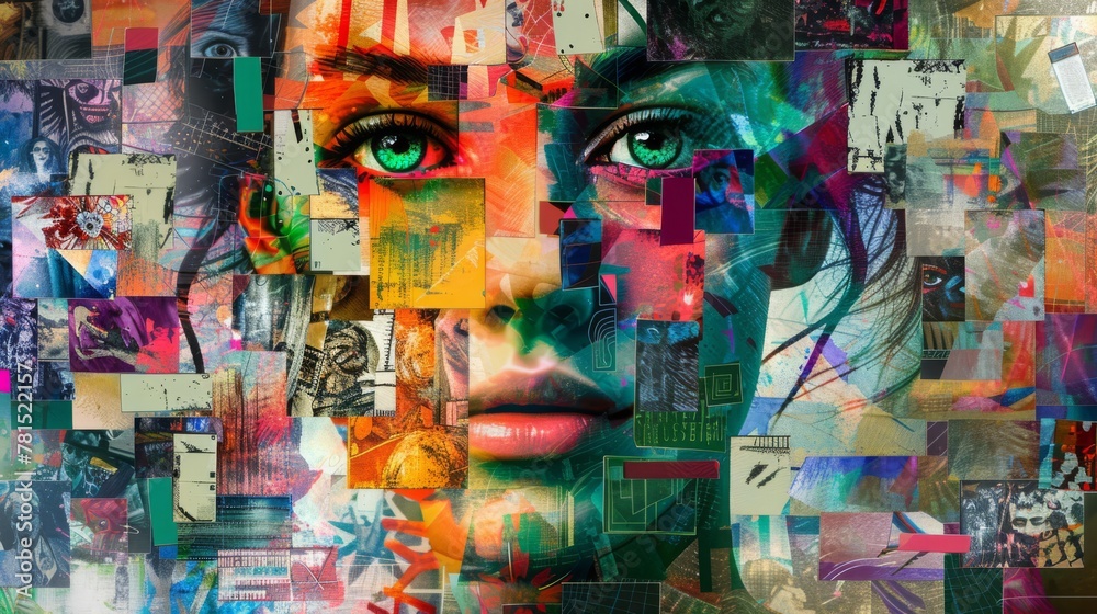  the face of an attractive woman is adorned with multiple color blocks, surrounded by a collage-like arrangement of various colorful images and photos
