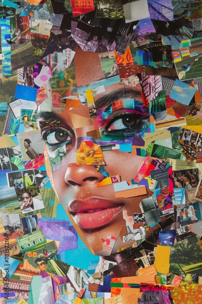Naklejka premium the face of an attractive woman is adorned with multiple color blocks, surrounded by a collage-like arrangement of various colorful images and photos 
