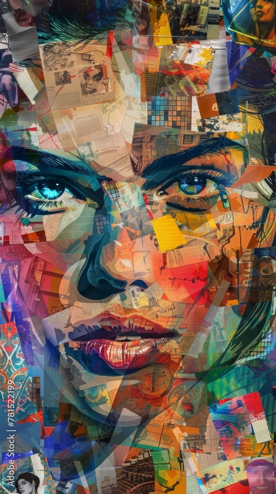  the face of an attractive woman is adorned with multiple color blocks, surrounded by a collage-like arrangement of various colorful images and photos
