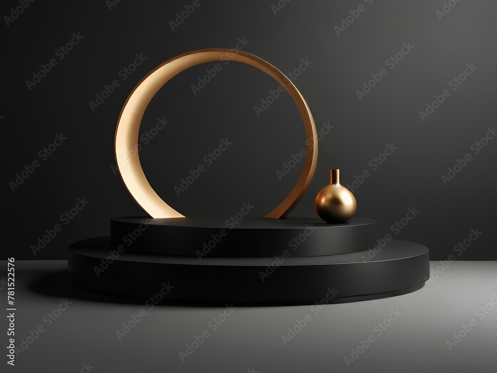 Modern minimalist product podium display on a black background. Podium platform product presentation 