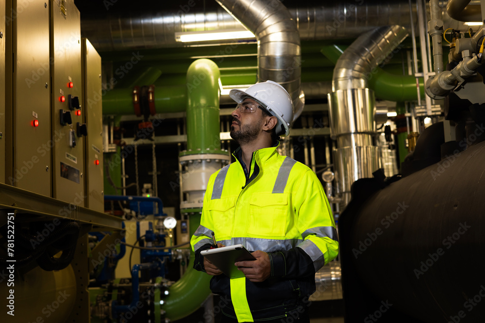 Portrait of handsome HVAC system engineer with green safety jacket and helmet working at machinery