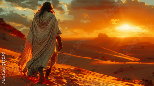 A man is walking across a desert with a sun in the background. The scene is serene and peaceful, with the man's long robe billowing in the wind