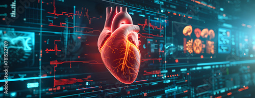 GUI hologram of Futuristic glowing sci-fi interface with digital Human heart, cardiogram for medical heart health care background, advanced medical technology, data lines, scales, charts, cinematic  #781522709