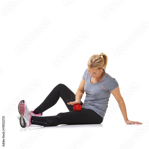 Woman, massage ball and healing body or rehabilitation, injury and health or wellness by white background. Female person, athlete and physical therapy in studio for muscles in legs and body in mockup