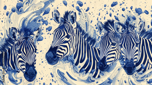Three zebras are painted in blue and white  with their heads turned to the right. The blue and white colors create a sense of movement and energy  as if the zebras are caught in a wave of water