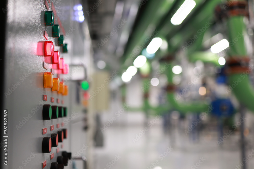 Obraz premium Colorful button and lamp on electrical control board, MDB panel electric control, Pilot light for electrical indicator panel of main control box