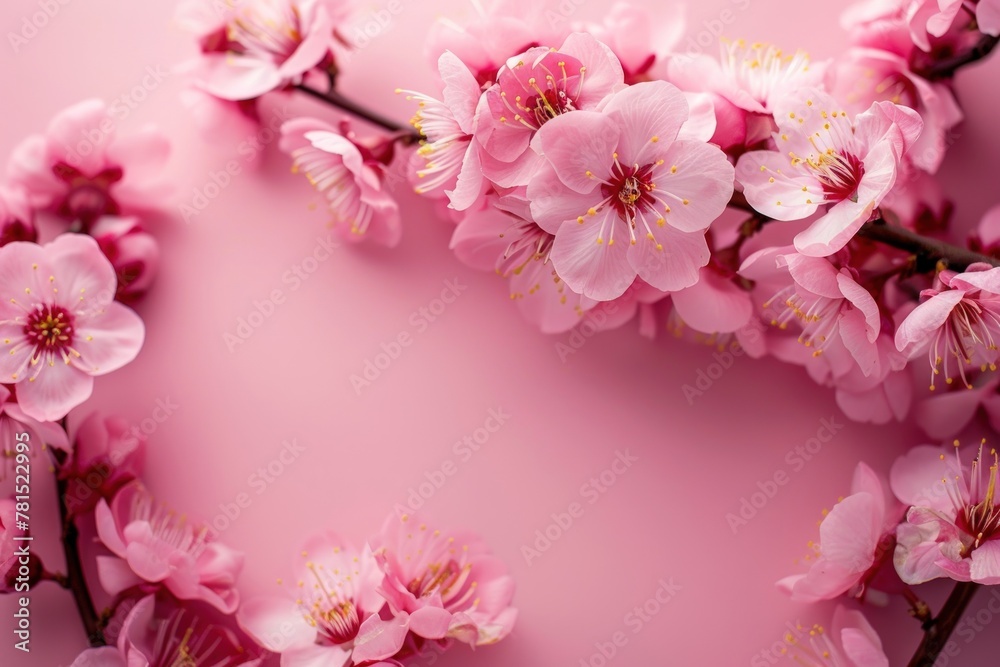 Pink peach blossoms on a pink background with copy space. Generate AI image