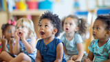 Group Of Pre School Children Taking Part At Story Time. Mixed Race Group Of Toddlers Sitting In Classroom And Looking In Awe At Their Teacher.