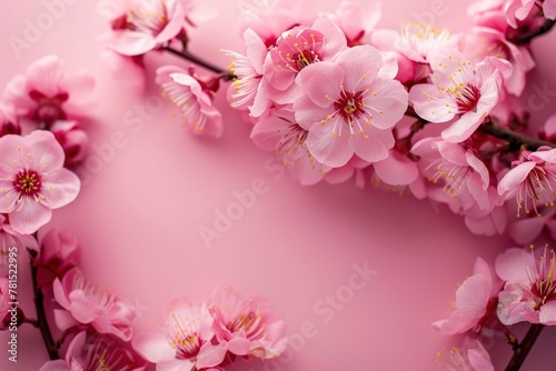 Pink peach blossoms on a pink background with copy space. Generate AI image © Ashalina