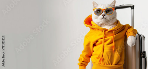 Illustration amusante de vacances, chat en sweat orange posant avec sa valise et ses lunettes de soleil, portrait original et décalé, fond neutre © JLV