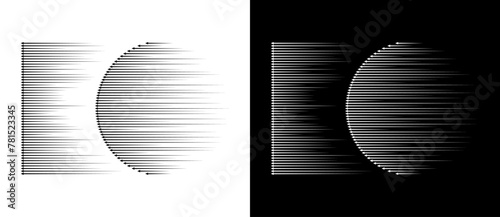 Dynamic parallel arrows in circle. Abstract art geometric background for logo or icon. Black shape on a white background and the same white shape on the black side.
