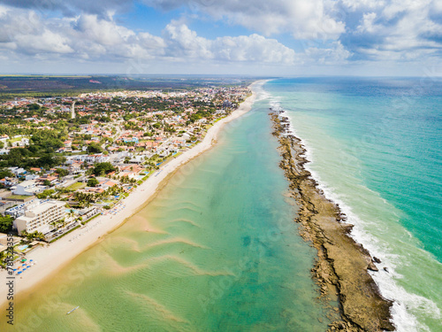 Aerial view of Barra de São Miguel, paradisiacal beach with reefs in Alagoas
