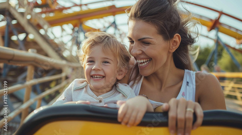 Happy Young Mother With Her Cute Little Boy Riding A Roller Coaster At Summer Theme Park. Loving Family Enjoy Their Summer Holidays On A Roller Coaster. Concept Of Motherhood. Family Time. Holiday.