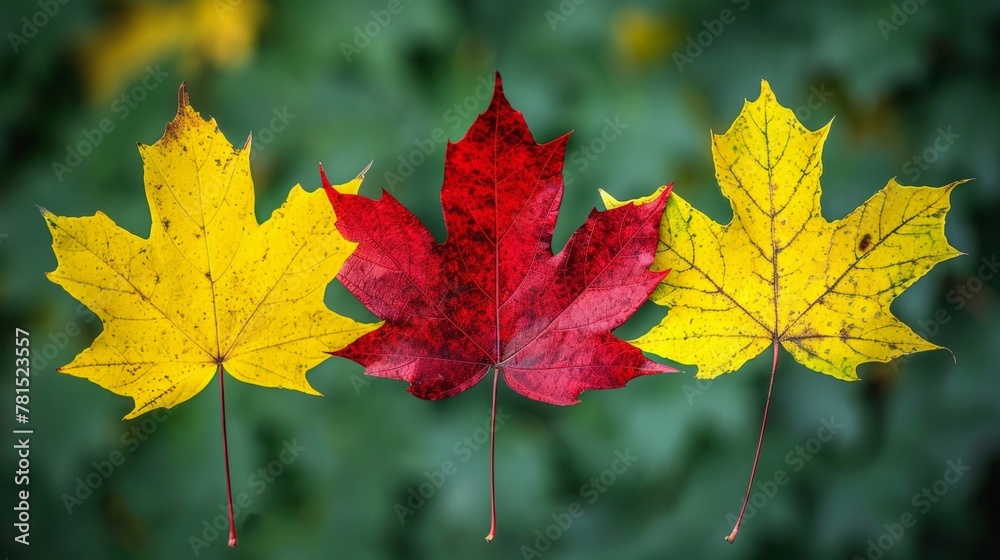 Three colorful leaves on green background