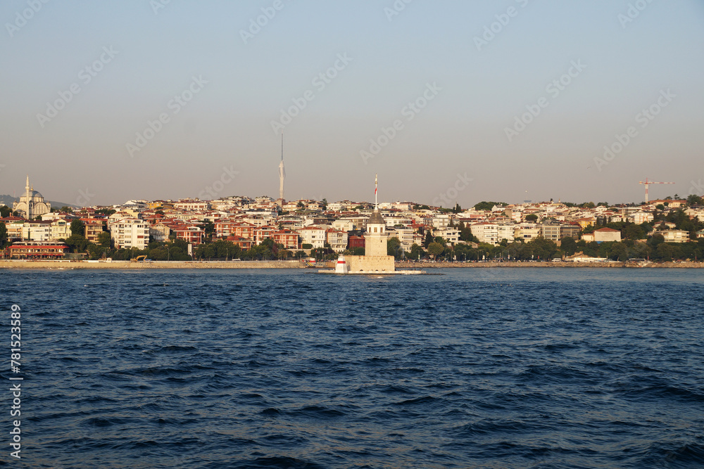 Naklejka premium view of the Istanbul coast from the sea on a sunny day
