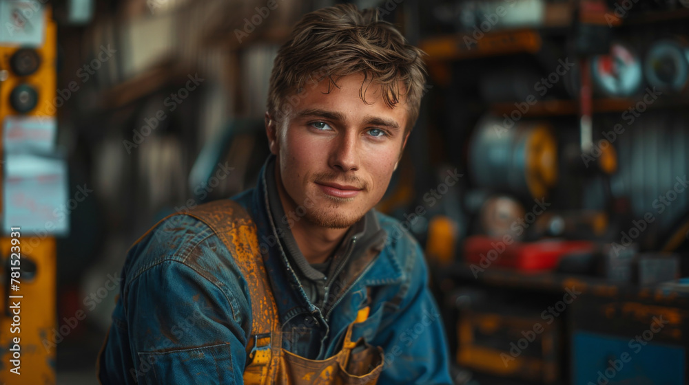 Fototapeta premium Auto repair service. Handsome smiling mechanic.