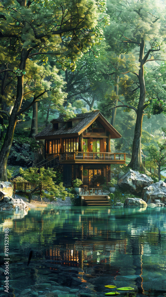 Serene Lake Retreat Among Lush Green Forest