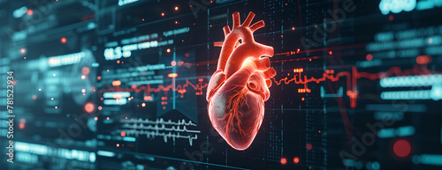 GUI hologram of Futuristic glowing sci-fi interface with digital Human heart, cardiogram for medical heart health care background, advanced medical technology, data lines, scales, charts, cinematic 