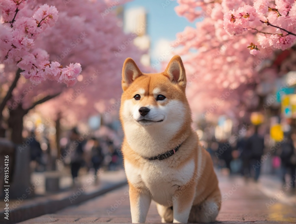 Cute dog on street during cherry blossom season