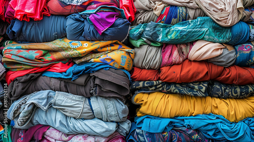 Large Pile Stack Of Textile Fabric Clothes. Concept Of Recycling. Up Cycling. Awareness To Global Climate Change. Fashion Industry Pollution. Sustainability. Reuse Of Garment.