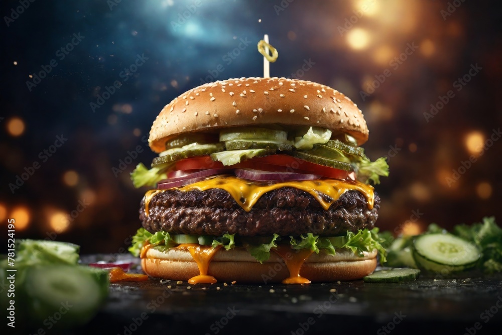 hamburger with layers of cheese, lettuce, tomato, onion, and meat patty floating in the air against a dark blue background. Copy text - obrazy, fototapety, plakaty 