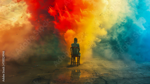 Solitary Figure Against a Dramatic Burst of Colorful Smoke