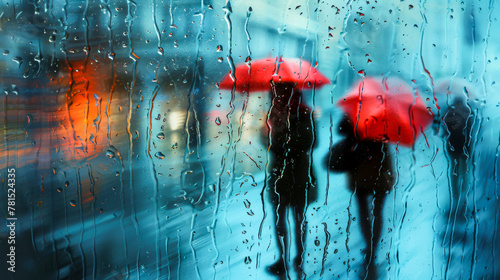 Rainy Day View Through a Wet Window with People Under Umbrellas