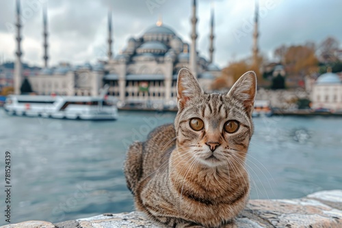 An Istanbul ginger cat looks at the camera in front of the Blue Mosque. The famous Istanbul cat. Postcard with tourist landmark of Istanbul, Turkey. photo