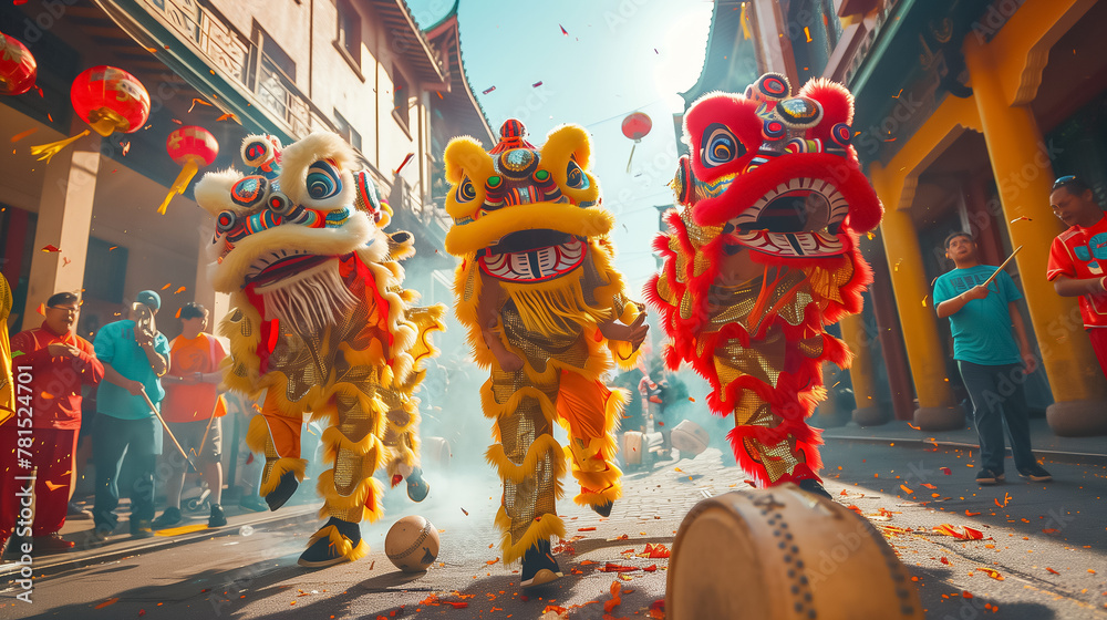 Naklejka premium A photo of Colorful lion dancers performing mesmerizing routines in the streets of Chinatown
