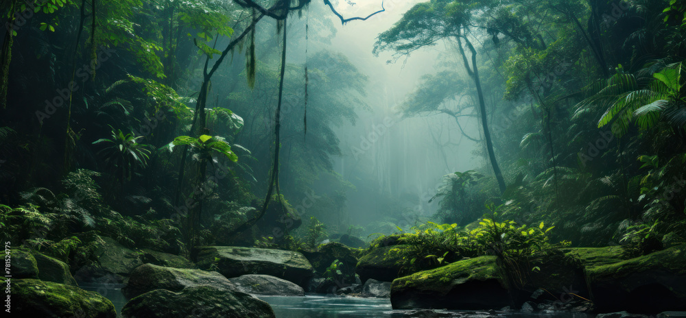  Tropical Jungle Atmosphere. Rainforest Landscape. River Flows in Tropical Forest. Generative AI