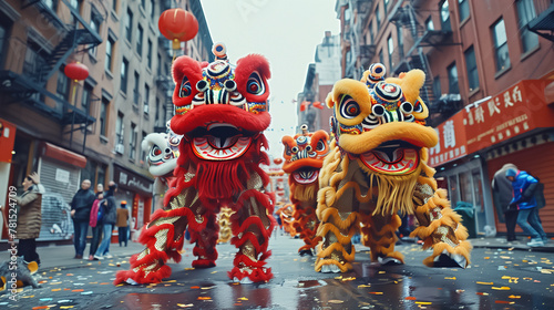 A photo of Colorful lion dancers performing mesmerizing routines in the streets of Chinatown photo