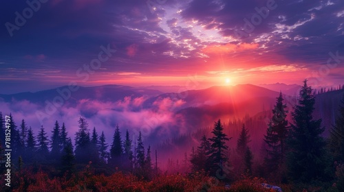 Sunset over mountain range trees