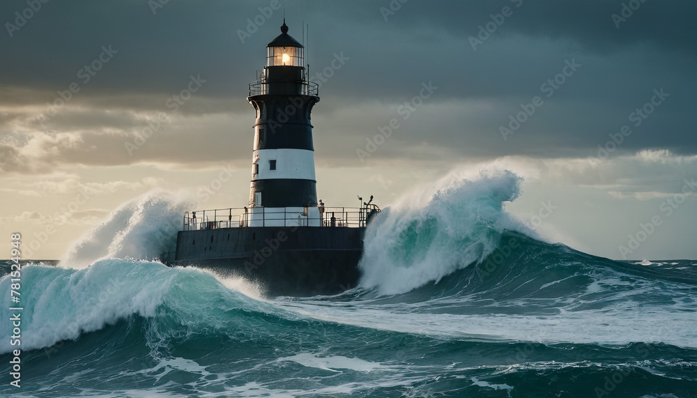 A lighthouse stands resilient in the midst of a massive wave crashing against it