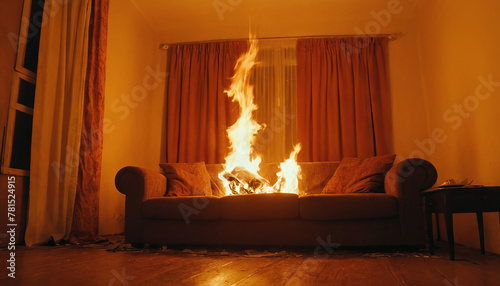 In the living room, the sofa is on fire and the fire is just starting to flare up, filling the room with warmth and light