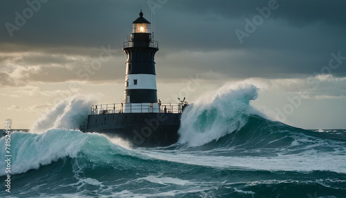 A lighthouse stands resilient in the midst of a massive wave crashing against it