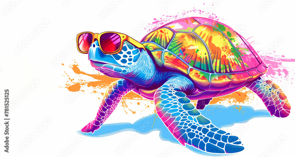 Fototapeta premium A colorful turtle wearing sunglasses and walking on a beach. The turtle is the main focus of the image, and the sunglasses give it a fun and playful vibe. Cartoon colorful turtle with sunglasses