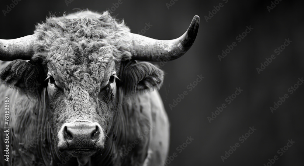 A bull with horns is staring at the camera. The image has a moody and intense feel to it, as the bull's gaze seems to be fixed on the viewer. Bull Wallpaper - obrazy, fototapety, plakaty 