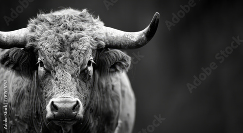 A bull with horns is staring at the camera. The image has a moody and intense feel to it, as the bull's gaze seems to be fixed on the viewer. Bull Wallpaper © Nataliia_Trushchenko